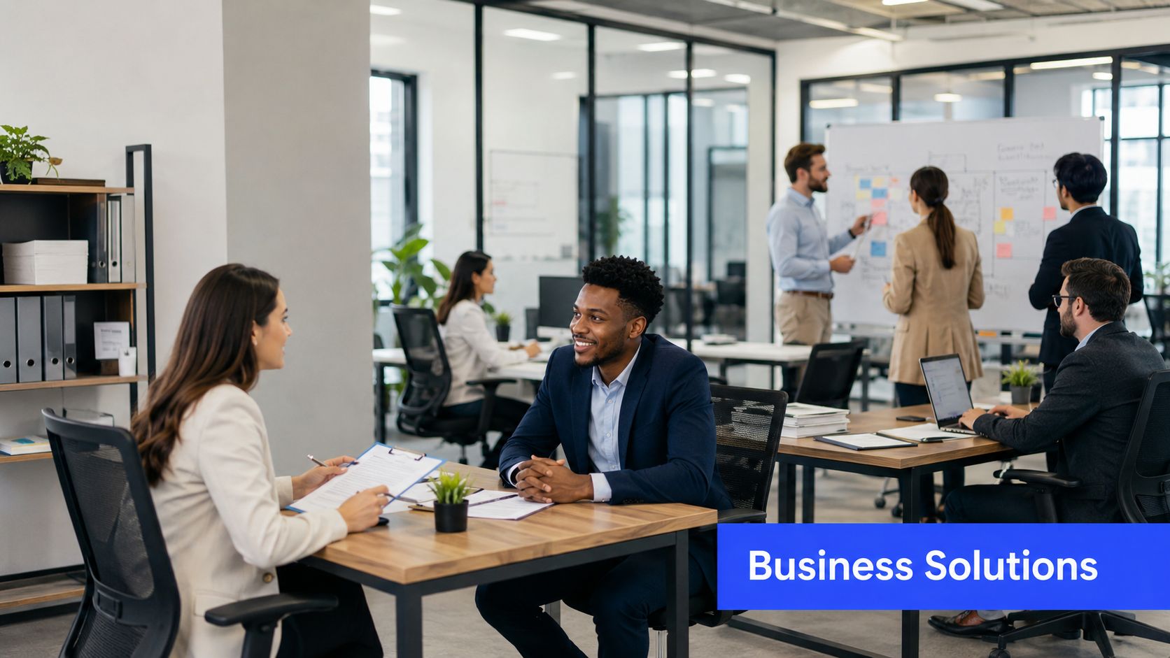 A professional business team collaborating in a modern office, engaged in a discussion and meeting.
