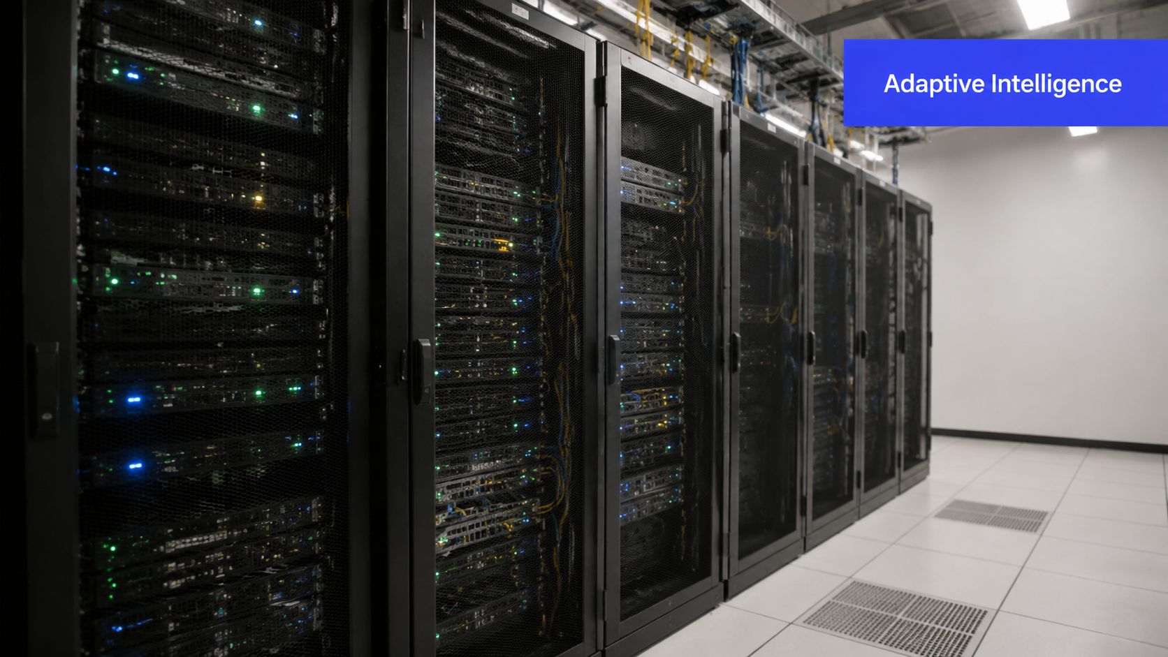 A row of black server racks in a modern data center with glowing LED indicator lights.