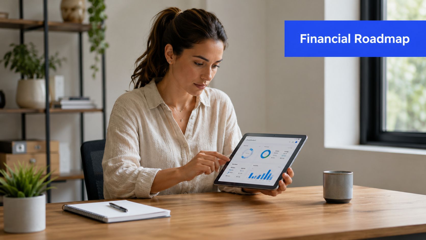 A businesswoman reviewing financial data and charts on a digital tablet at her wooden office desk.