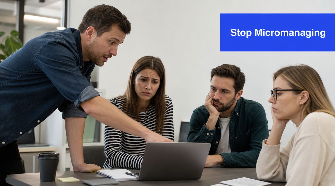 A manager standing and pointing at a laptop while his three frustrated employees look on during work.