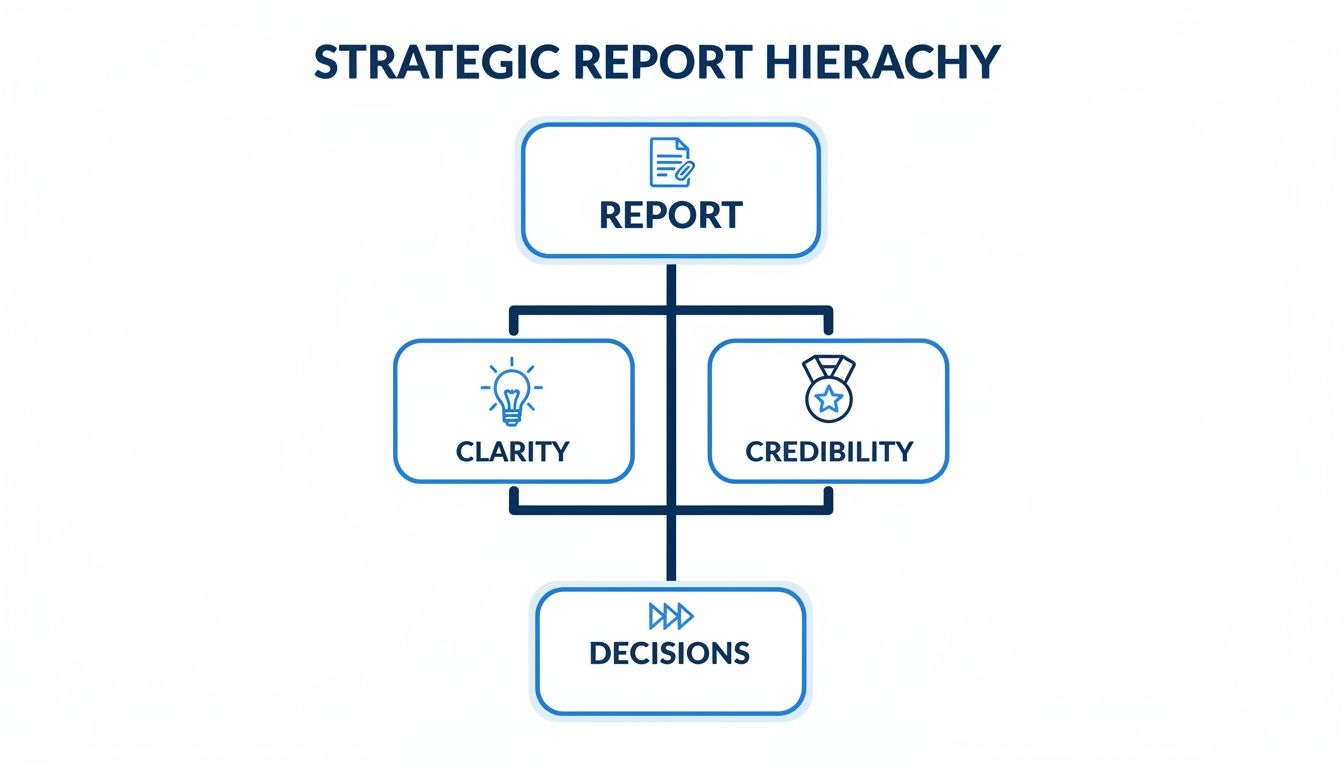 A strategic report hierarchy diagram showing report leading to clarity and credibility, which in turn leads to decisions.