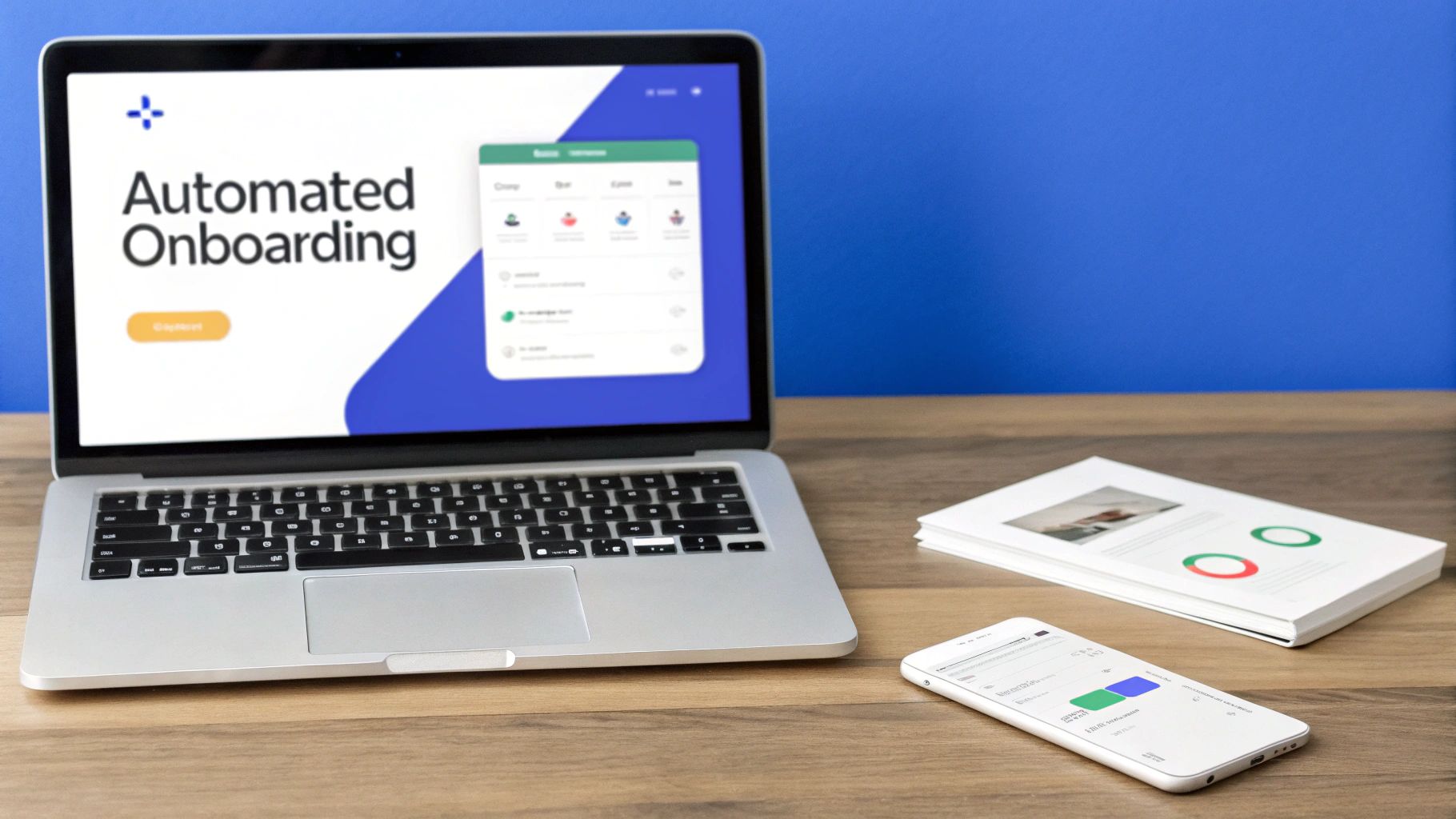 A laptop and smartphone display 'Automated Onboarding' software on a wooden desk with a blue wall.