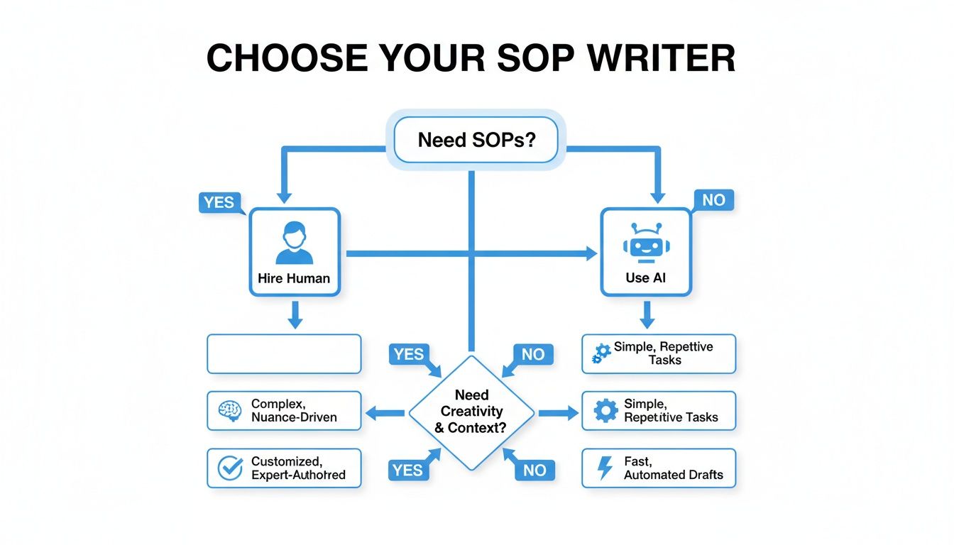 A flowchart titled "Choose Your SOP Writer" outlining decisions between human and AI for SOPs.