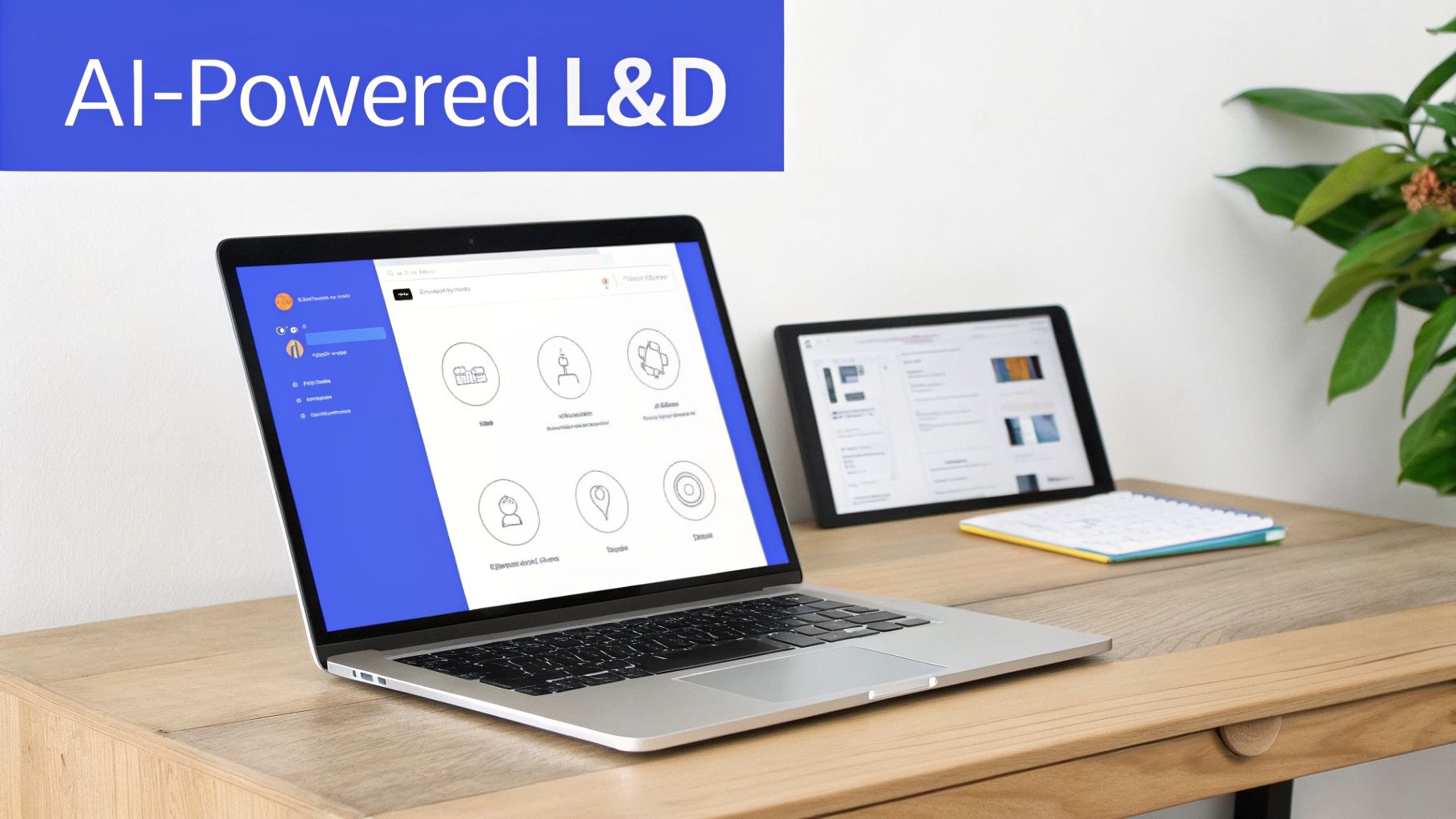 A laptop and tablet on a wooden desk displaying AI-Powered L&D content.