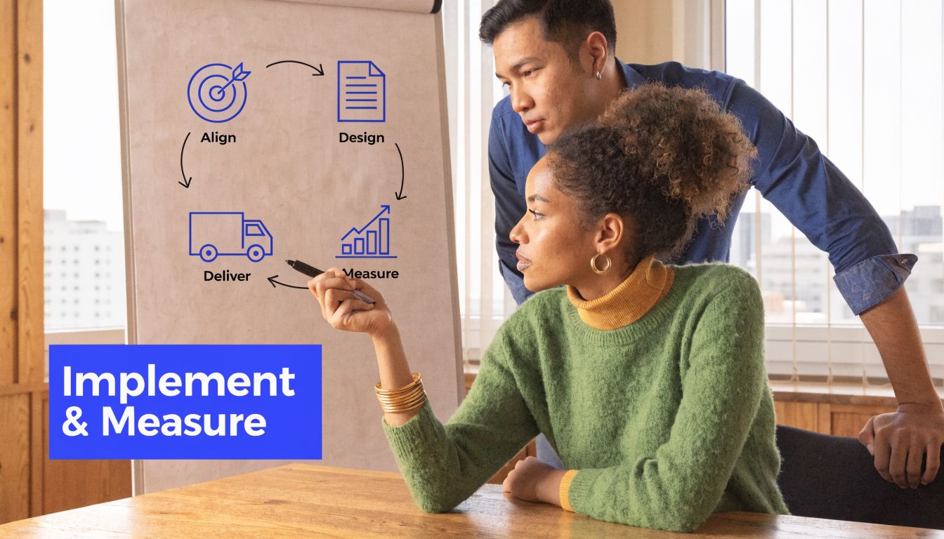 A woman points to a whiteboard diagram showing an iterative business cycle while a man watches her.
