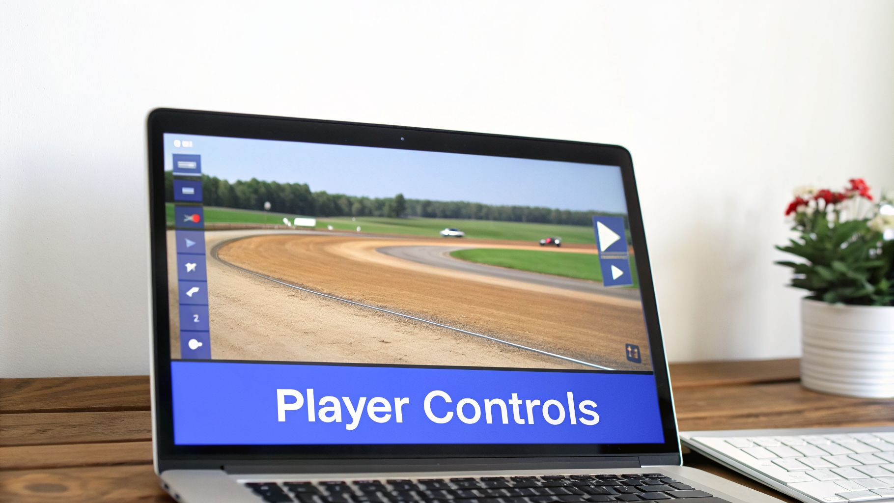 A laptop displays a video of a race track with cars, showing player controls on the screen.