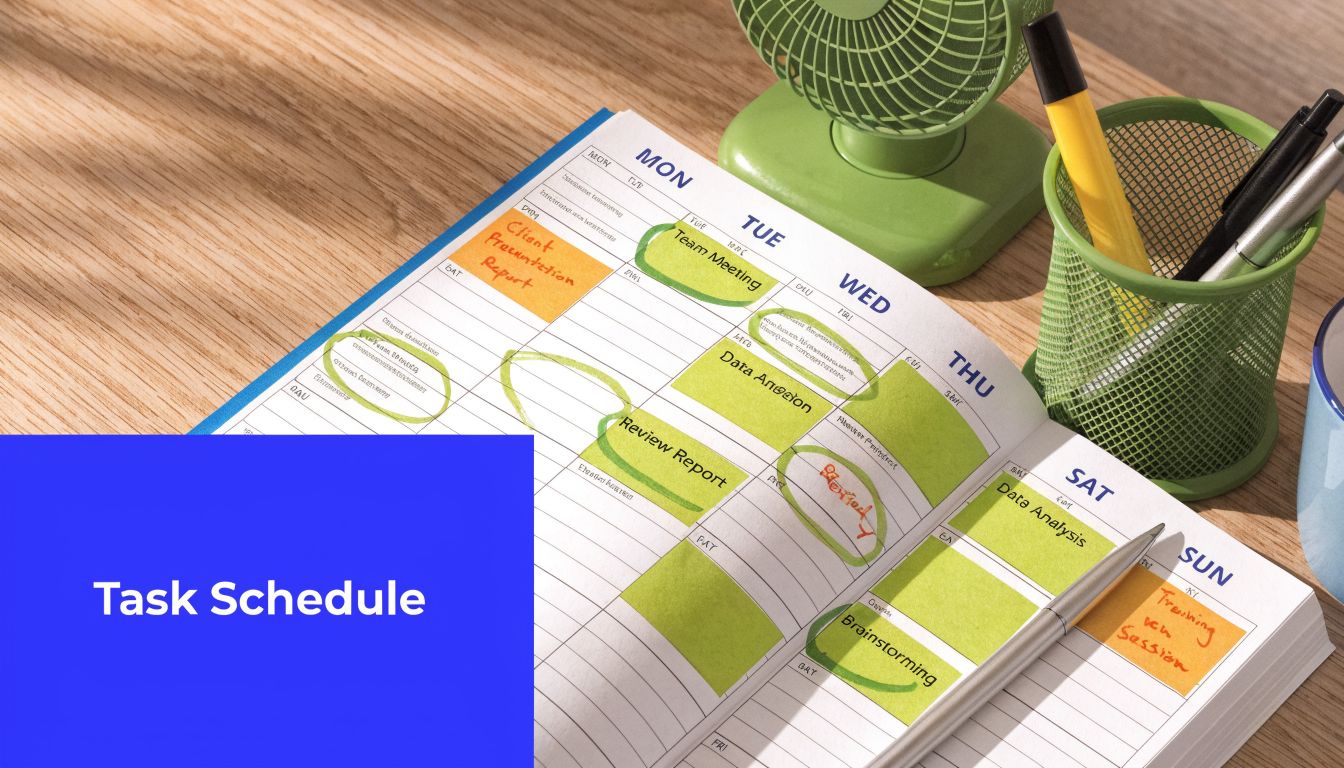 A weekly planner open on a wooden desk with a fan, pen holder, and various task sticky notes.