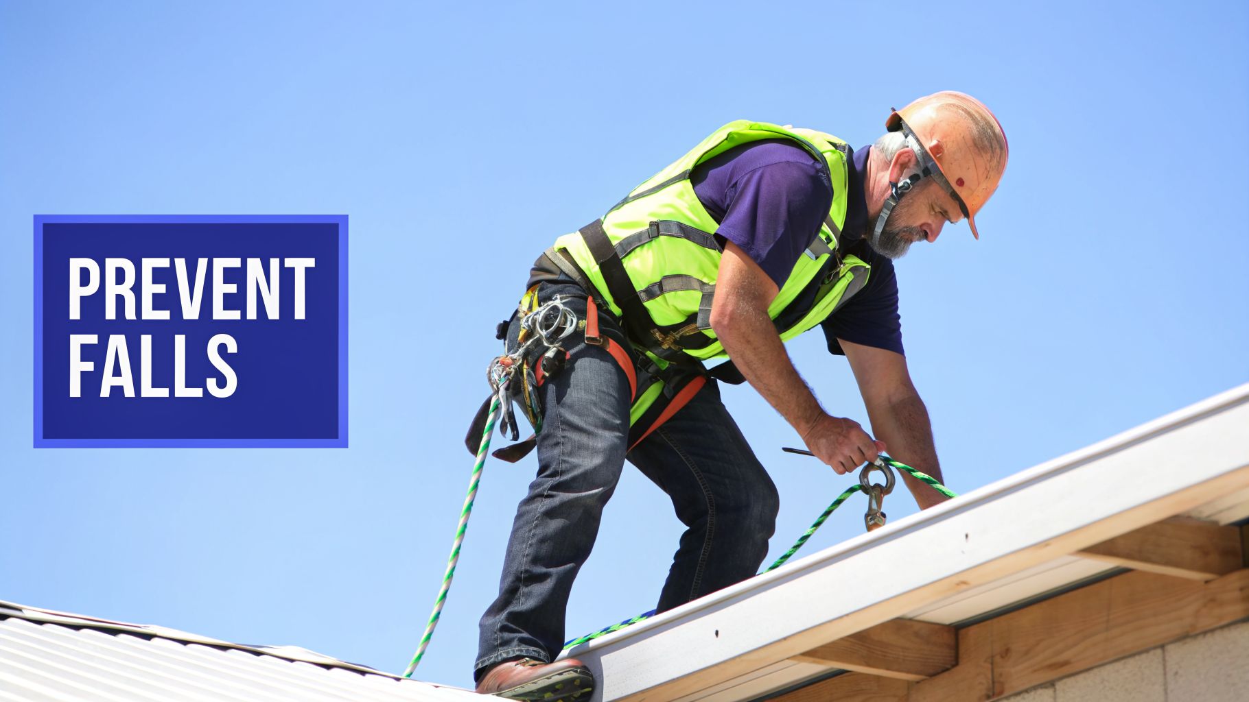 A construction worker on a roof wearing safety gear, securing a fall protection rope to prevent falls.