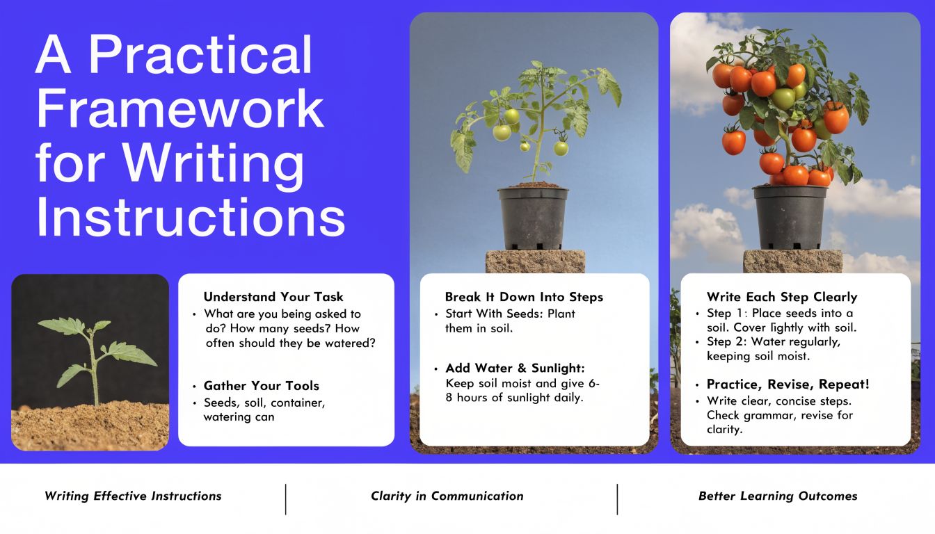 An infographic titled A Practical Framework for Writing Instructions showing the process of growing a plant.