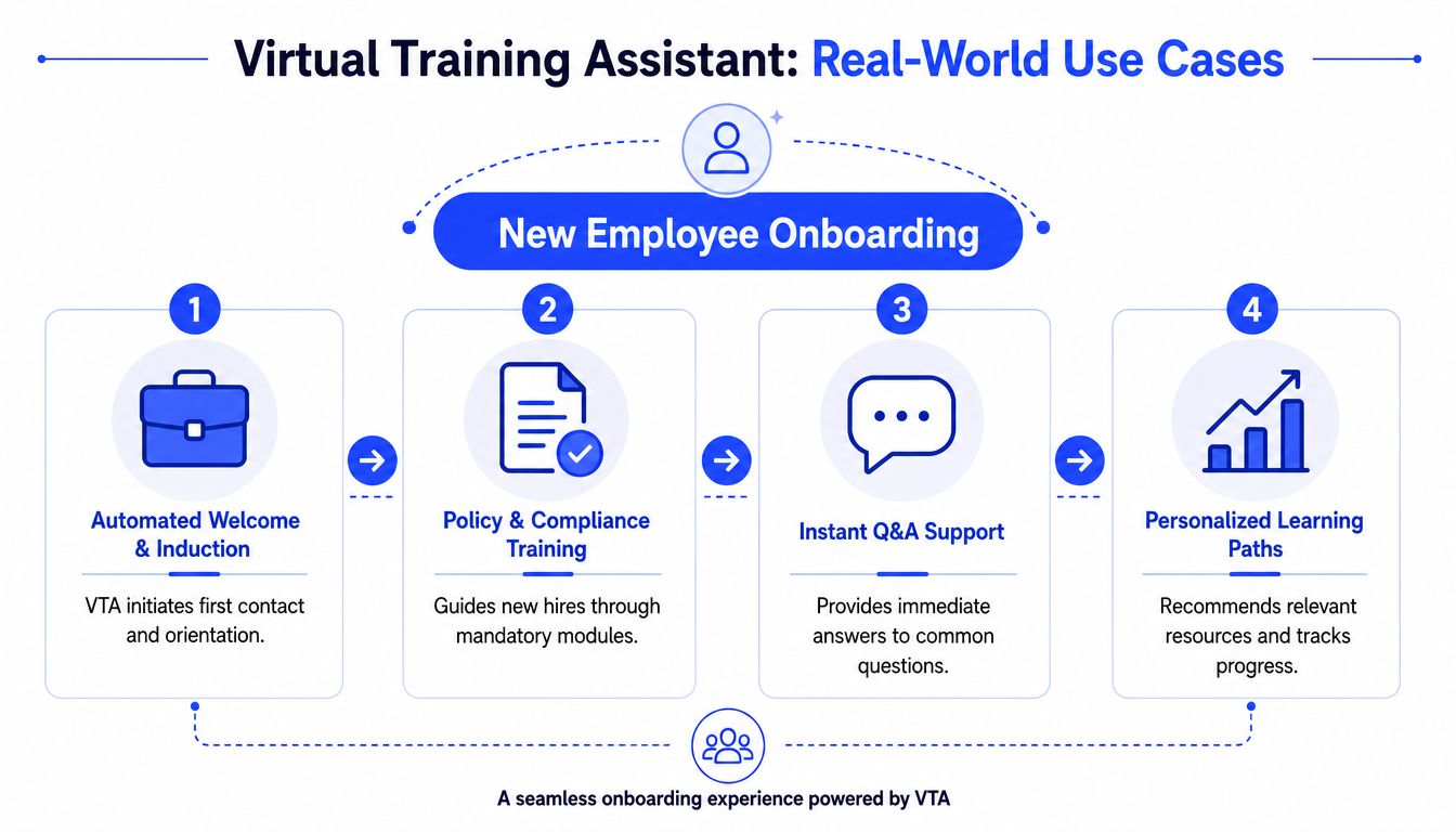 An infographic showing four steps for using a virtual training assistant for new employee onboarding and induction.