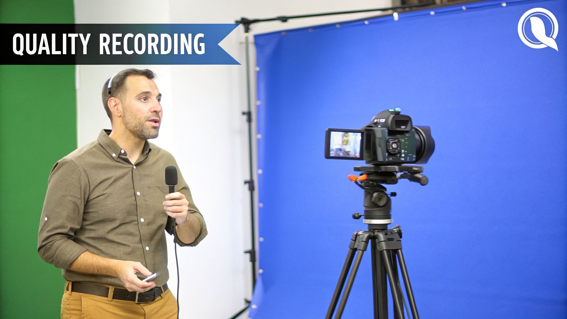 Man filming quality video with a camera, microphone, and green screen in a professional studio.