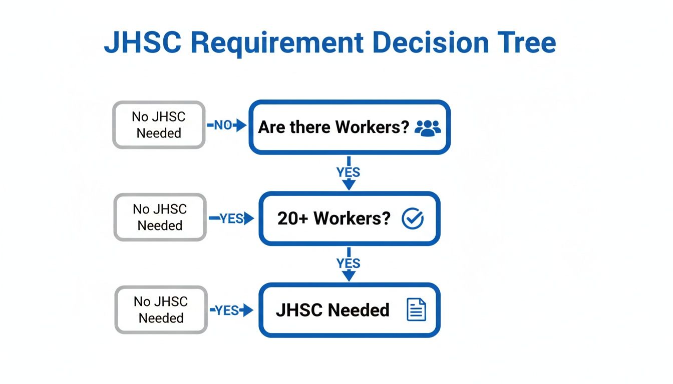 A decision tree illustrating the requirements for a Joint Health and Safety Committee based on the number of workers.