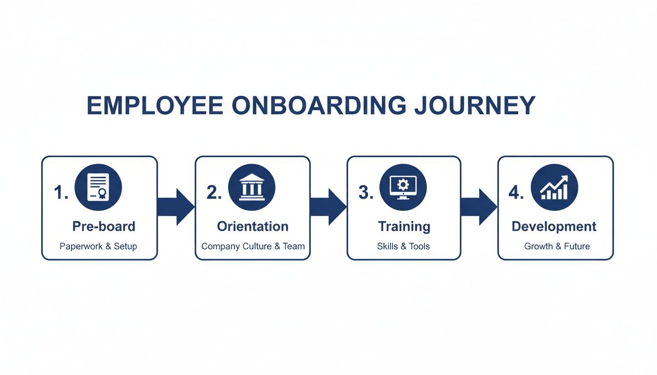 A visual flowchart outlining the four-step employee onboarding journey: Pre-board, Orientation, Training, and Development.