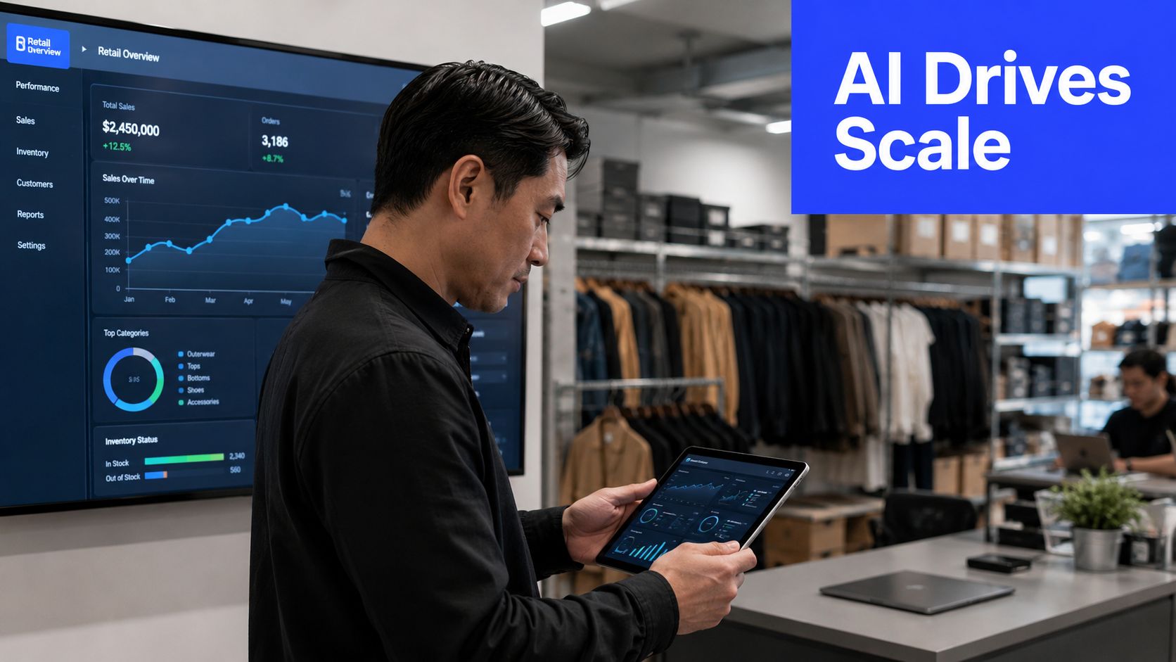 A professional man checking retail analytics on a digital tablet in a modern clothing store warehouse.