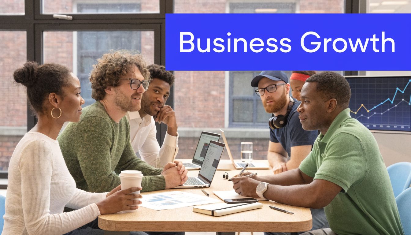 A diverse group of professionals collaborating on a business project around a wooden table in office.