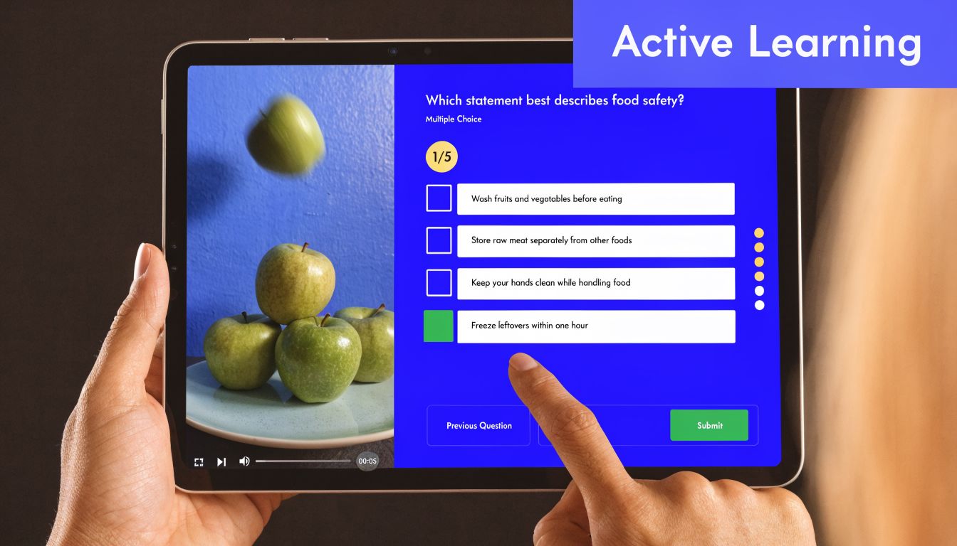 A person interacting with an educational quiz on a tablet about food safety best practices.