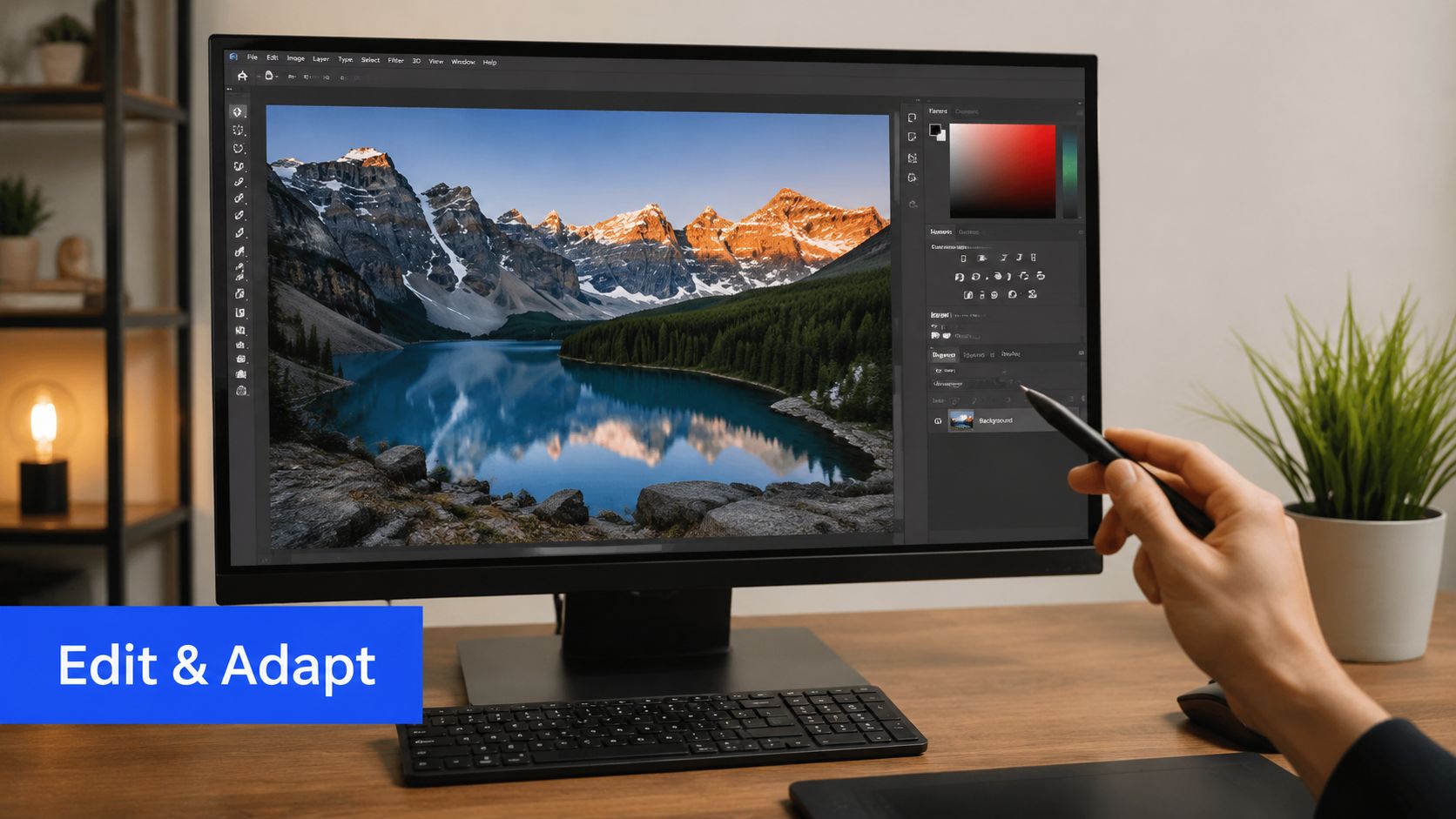 A person using a stylus to edit a mountain landscape photo on a computer screen in an office.