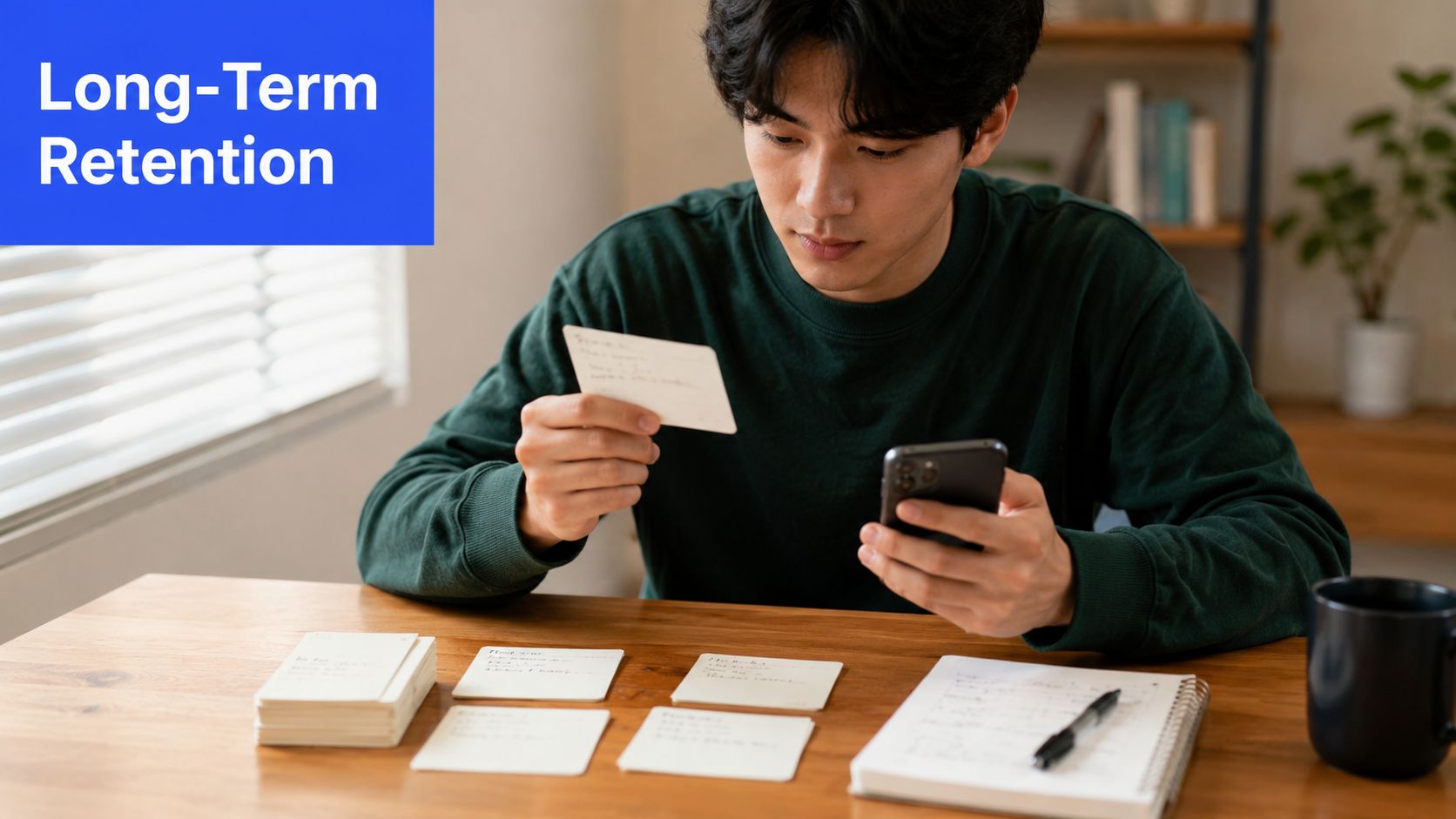 A young man sitting at a desk studying with flashcards and a smartphone to improve long-term retention.