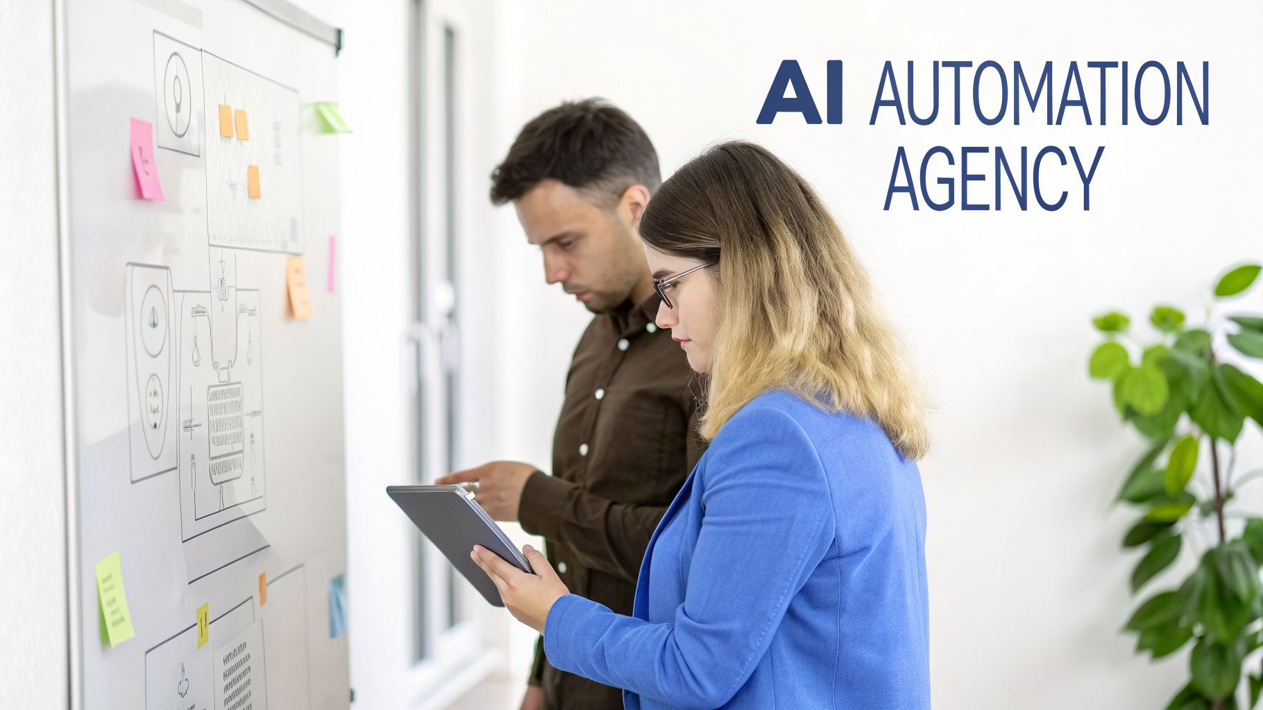 Two professionals reviewing a whiteboard with diagrams and sticky notes, holding a tablet, at an AI Automation Agency.
