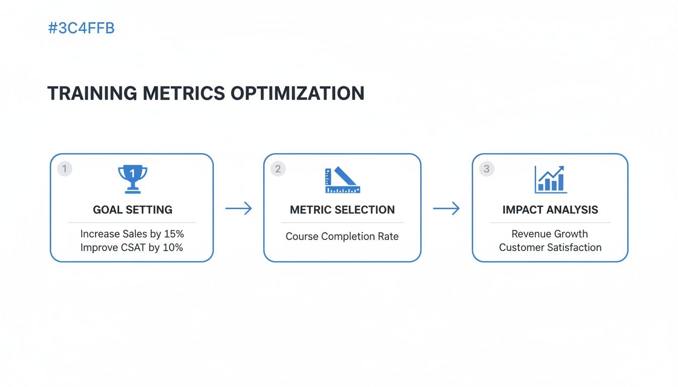 Infographic showing three steps for training metrics optimization: goal setting, metric selection, and impact analysis.