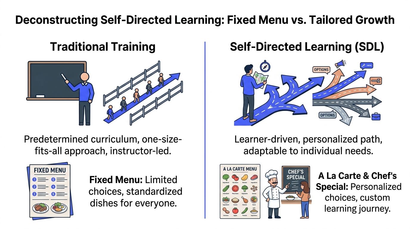 A comparison infographic between traditional instructor-led training and self-directed learning paths using menu analogies.