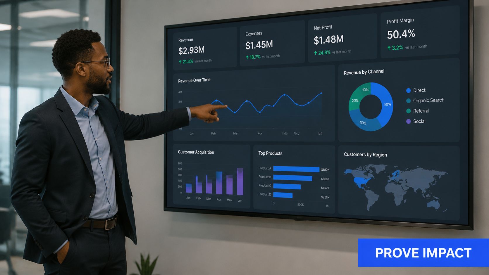 A professional man in a business suit presenting business data analytics on a large wall display.