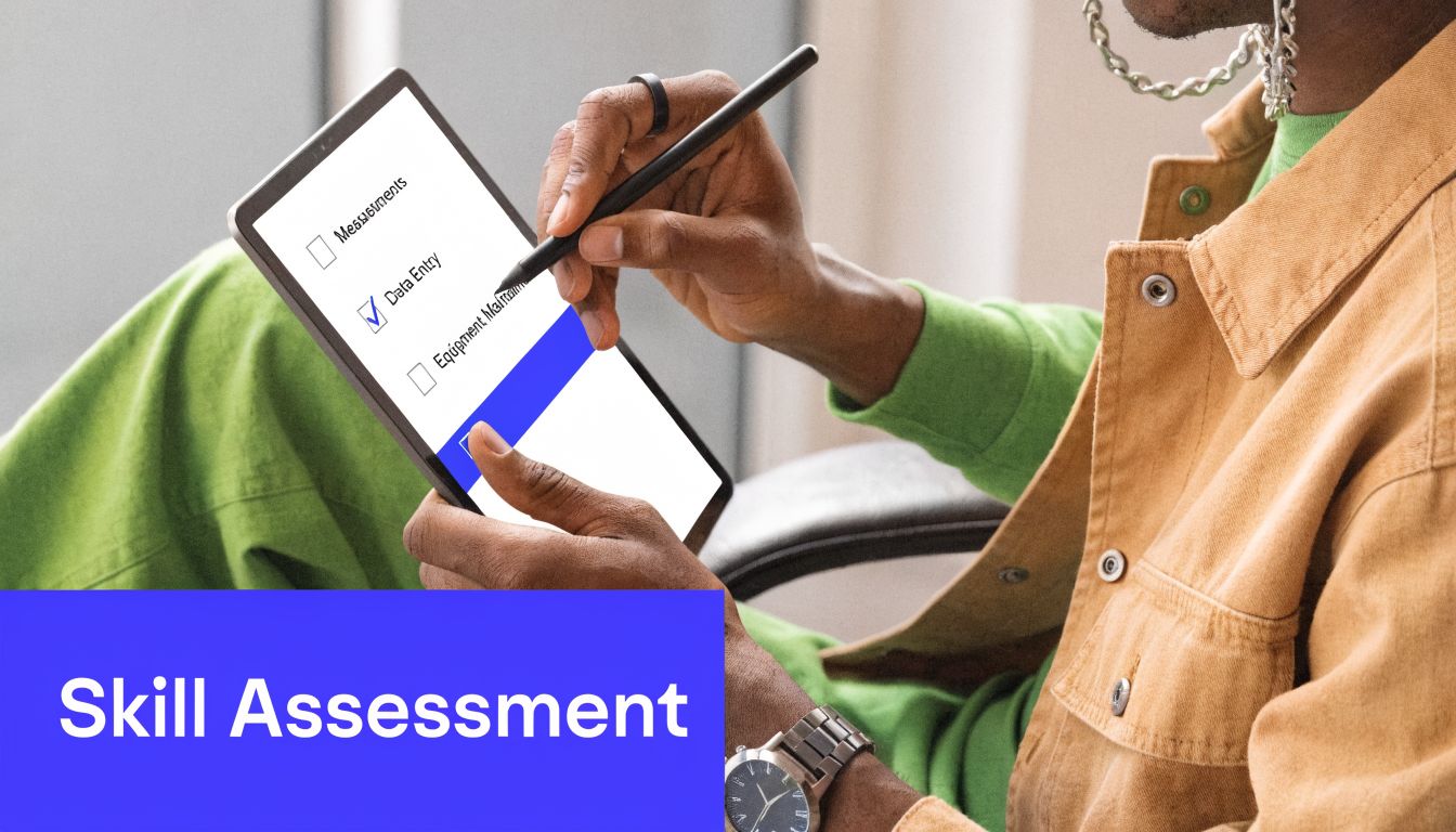 A person checking off technical skills on a tablet screen during a professional skill assessment test.