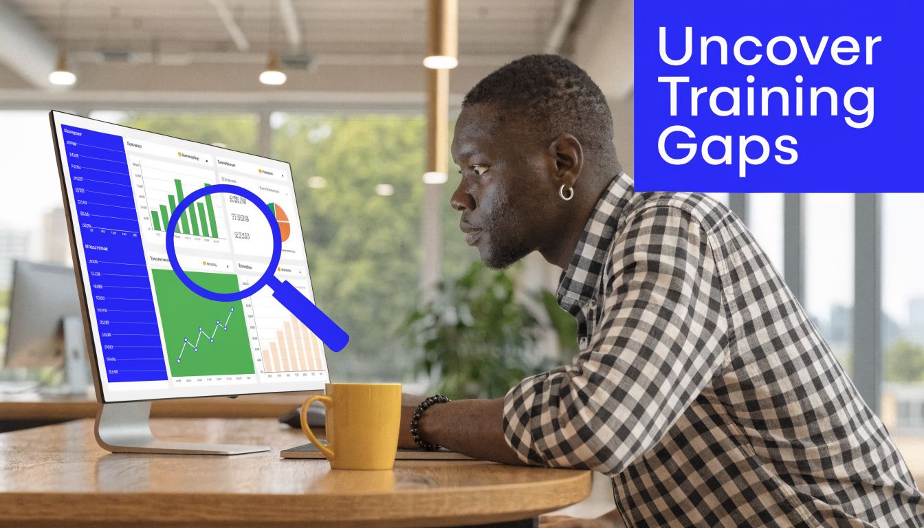 A professional analyzing data on a computer screen to uncover potential corporate training opportunities and performance gaps.