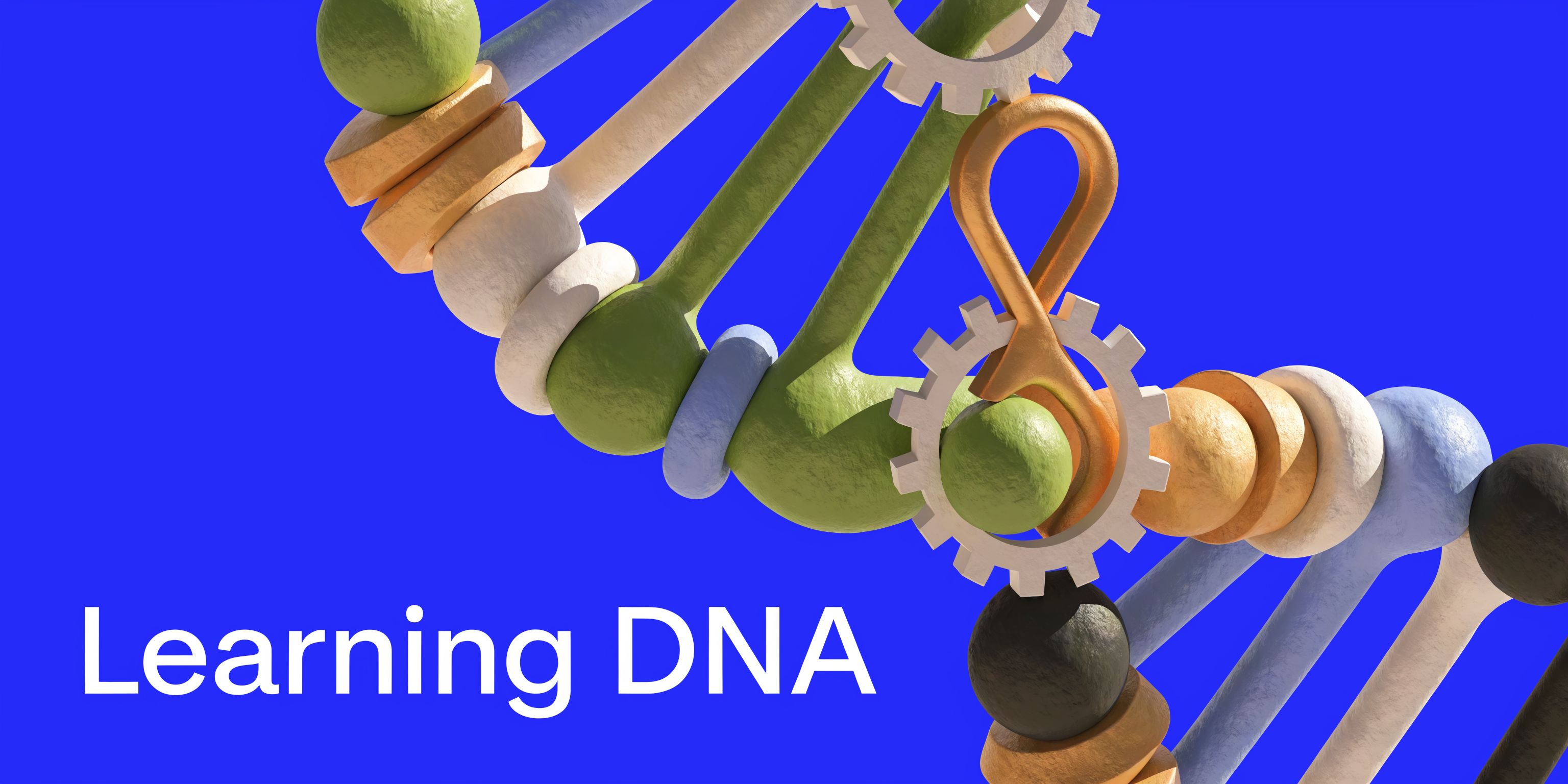 A 3D render of a DNA strand with gears representing the concept of learning in organizations.