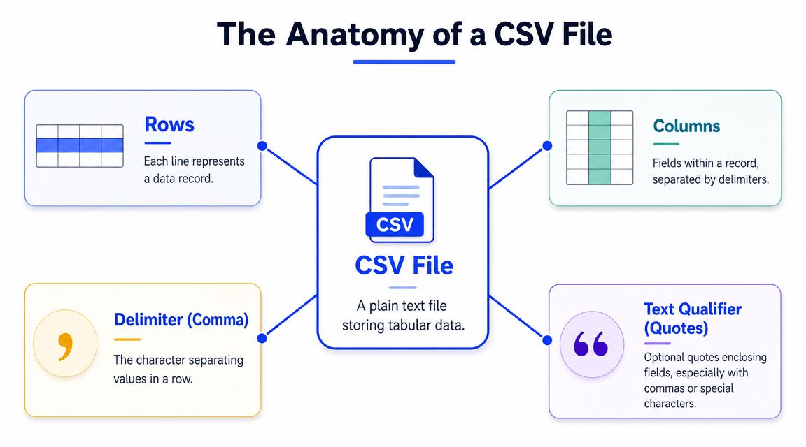 A diagram explaining the anatomy of a CSV file including rows, columns, delimiters, and text qualifiers.