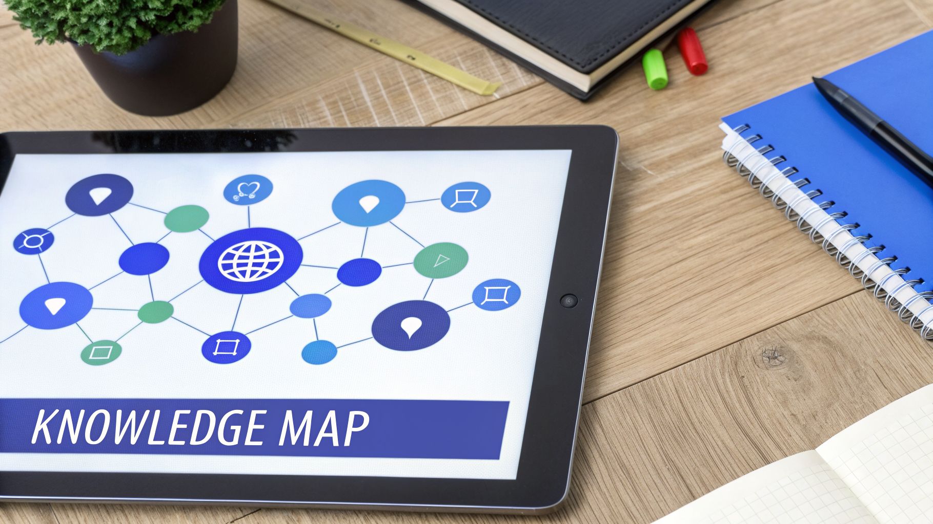 A tablet displaying a "KNOWLEDGE MAP" infographic with interconnected nodes, on a wooden desk.