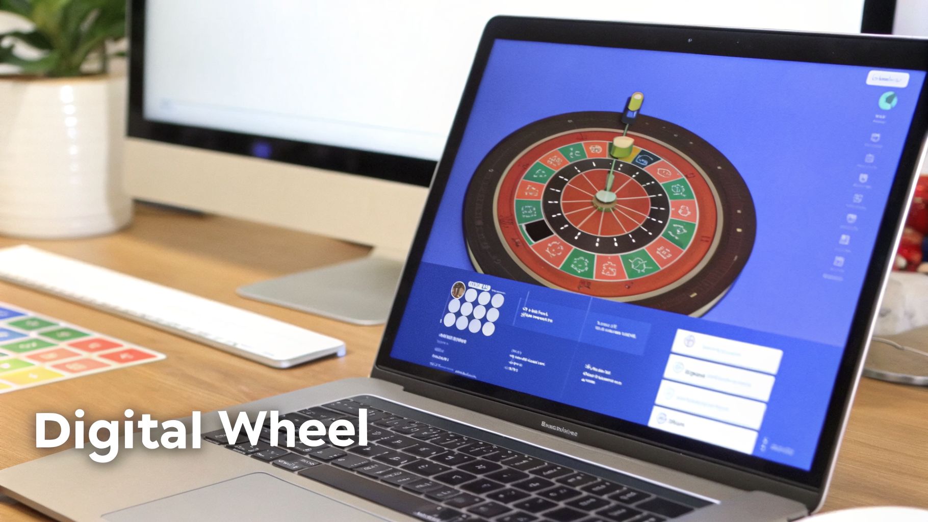 A laptop screen displays a colorful digital spinning wheel with a dart, on a wooden desk.