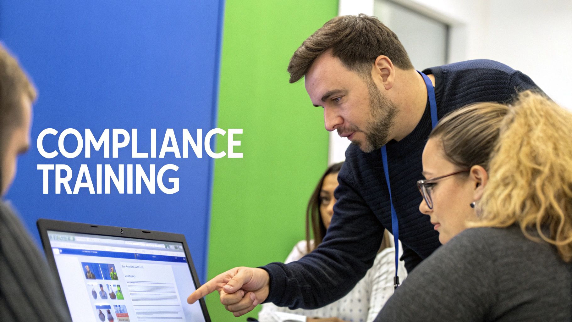 Instructor pointing at a laptop screen to explain content during a compliance training session.