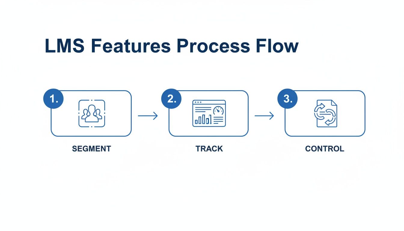 LMS features process flow diagram illustrating steps for segmenting, tracking, and controlling users and content.