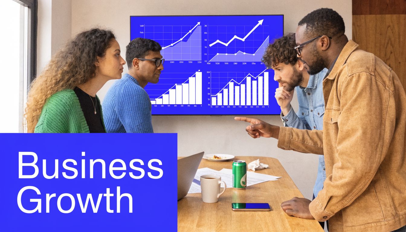 A diverse team of professionals analyzing business growth charts during a collaborative office meeting session.