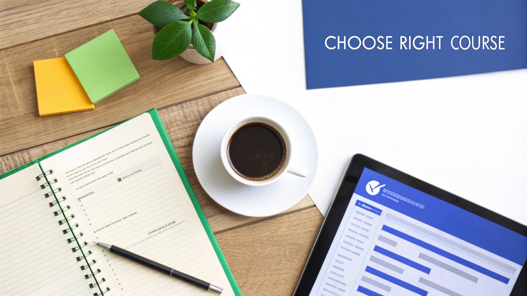 Overhead shot of a desk with a notebook, coffee, tablet, and a banner reading 'CHOOSE RIGHT COURSE'.