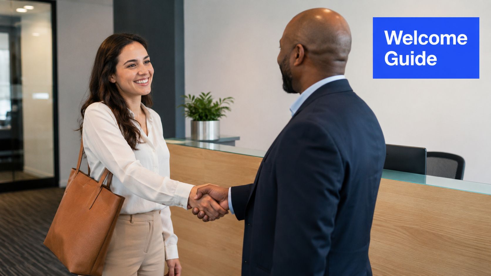 A woman in a white blouse smiling while shaking hands with a man in a business suit.