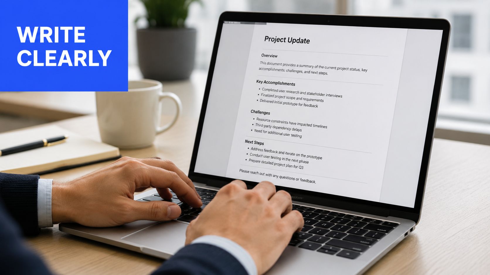 A professional typing a project update document on a laptop while sitting at an office desk.