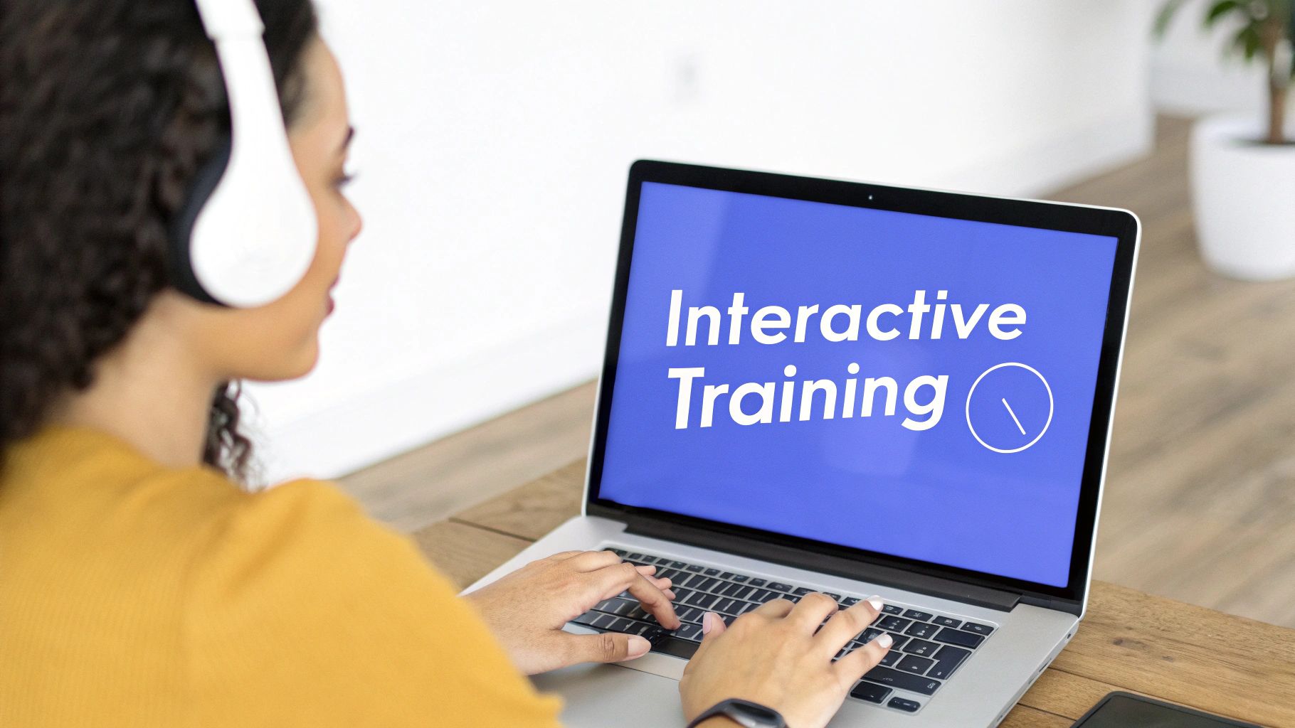 A person wearing white headphones types on a laptop displaying 'Interactive Training' on a blue screen.