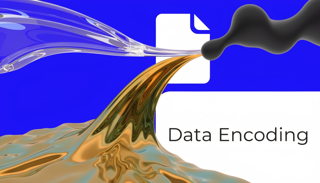 A 3D abstract graphic illustrating data encoding with fluid streams transitioning through a digital file icon.