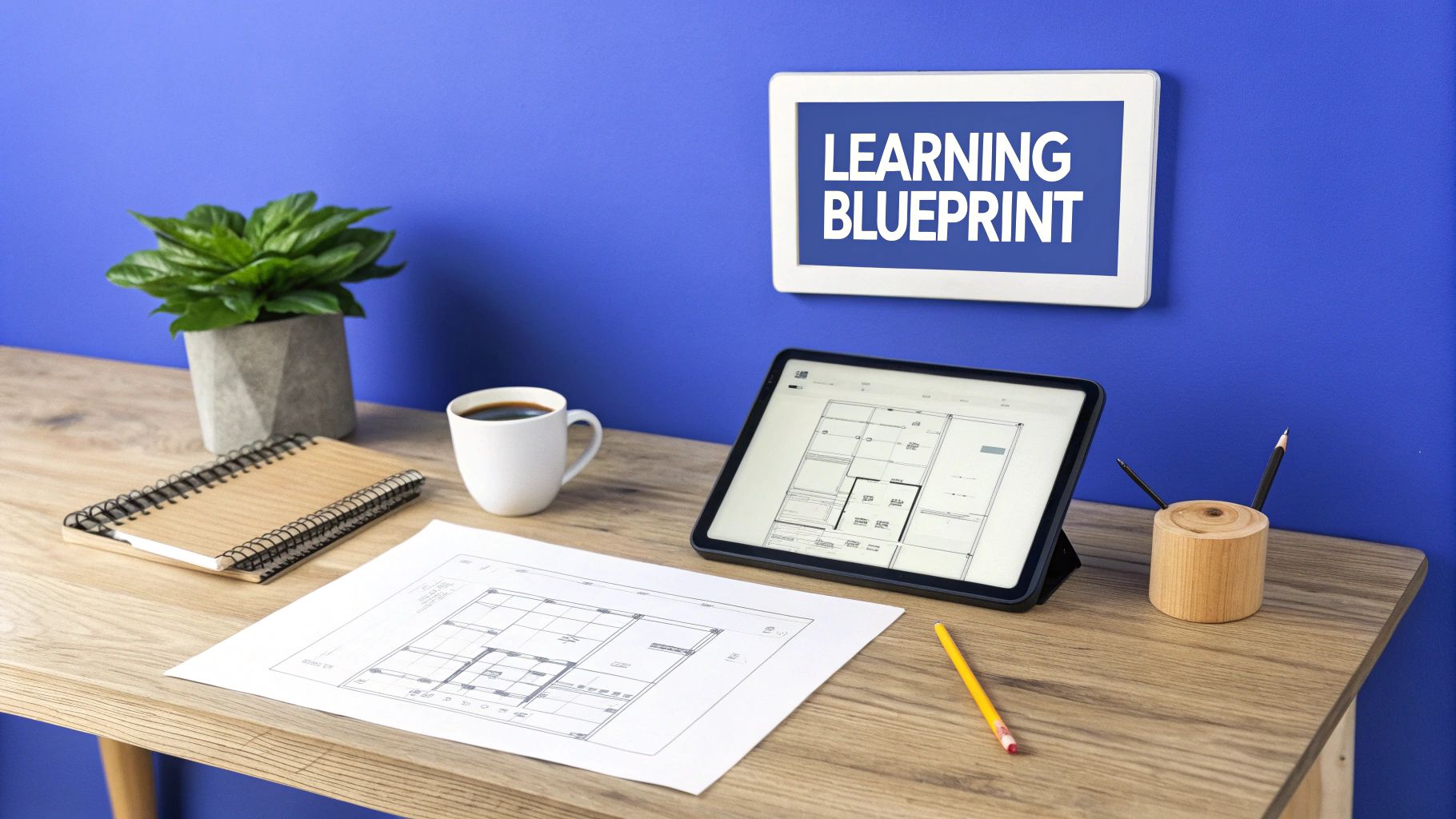 A desk with blueprints, a tablet, a notebook, and a plant, with 'LEARNING BLUEPRINT' on a wall display.