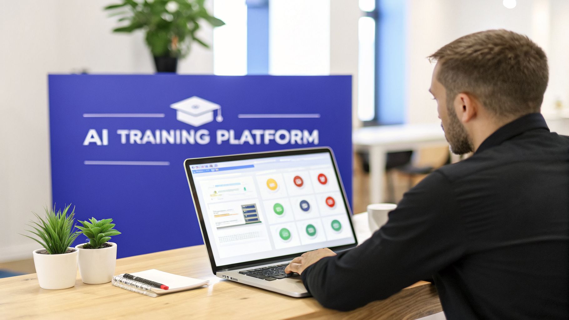 A man works on a laptop at a desk with an "AI TRAINING PLATFORM" banner in the background.