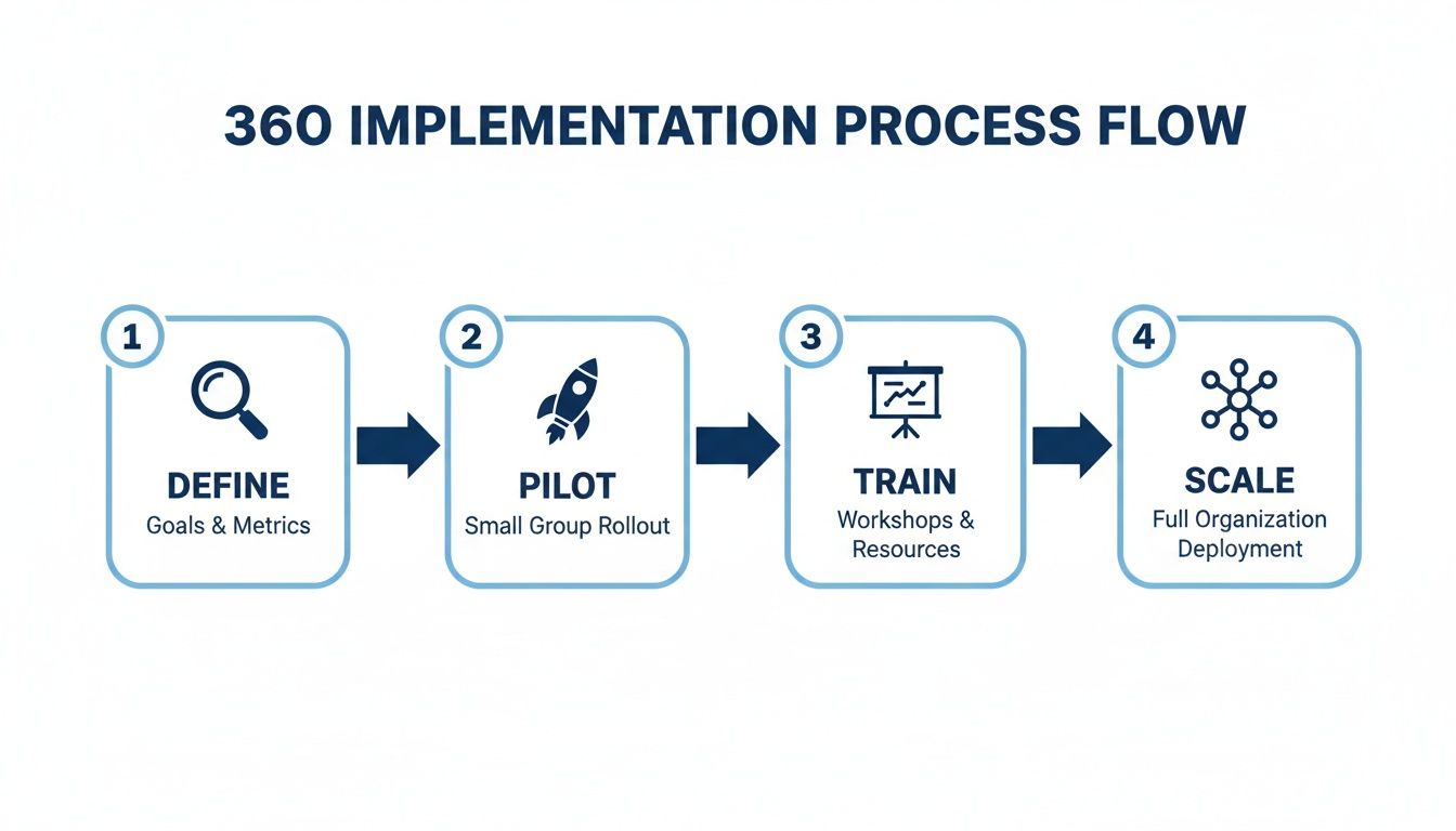 A four-step 360 implementation process flow with stages: Define, Pilot, Train, and Scale.