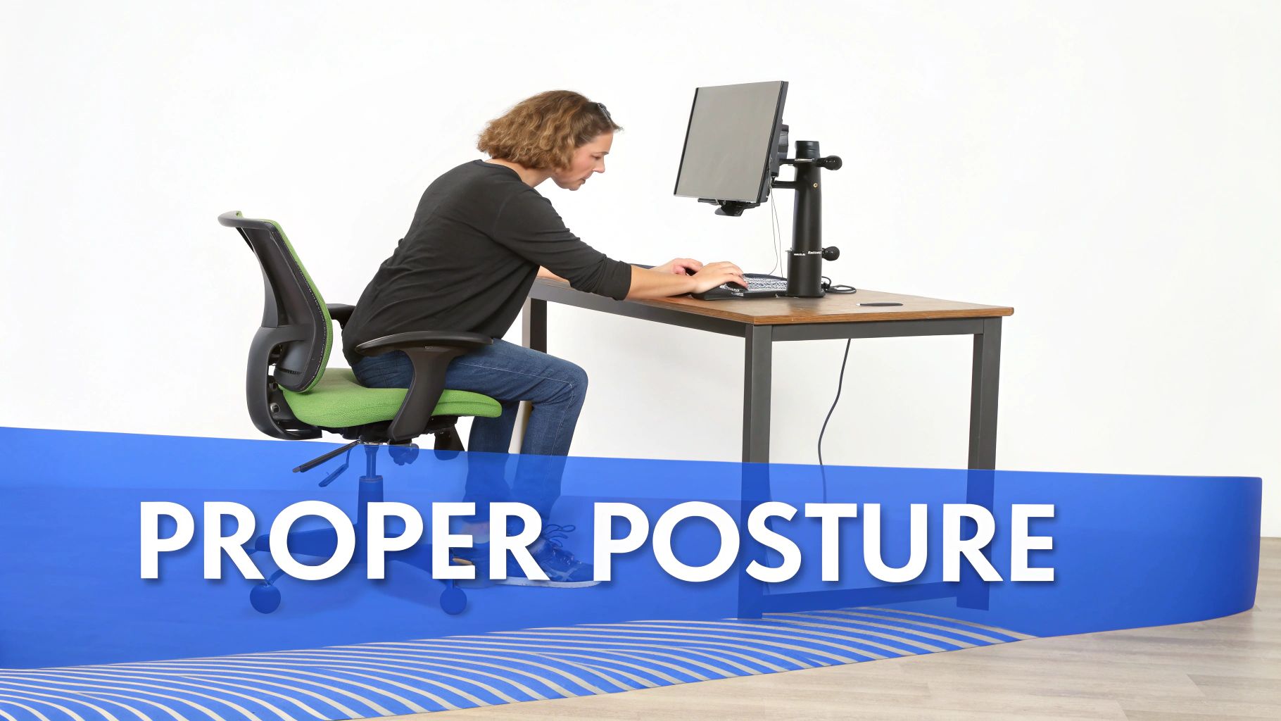 A person with curly hair sits at a workstation, typing on a keyboard, with their head bent forward towards the monitor.