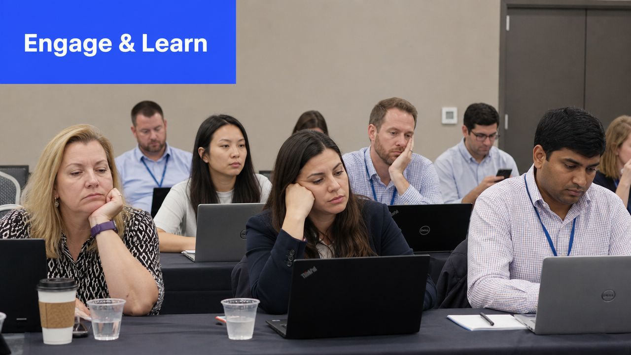 A group of diverse professionals attending a training workshop while working on their laptops.