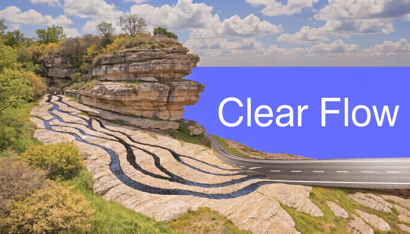 A surreal landscape blending a flowing rocky stream into a paved asphalt highway against cliffs.