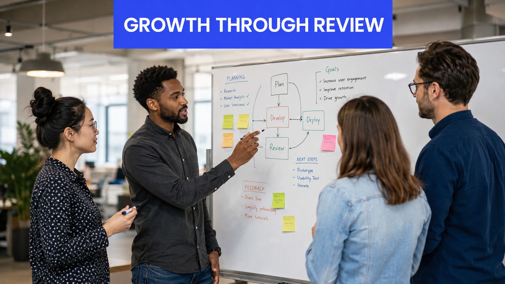 A diverse team of professionals brainstorming in an office, discussing business growth strategies on a whiteboard.