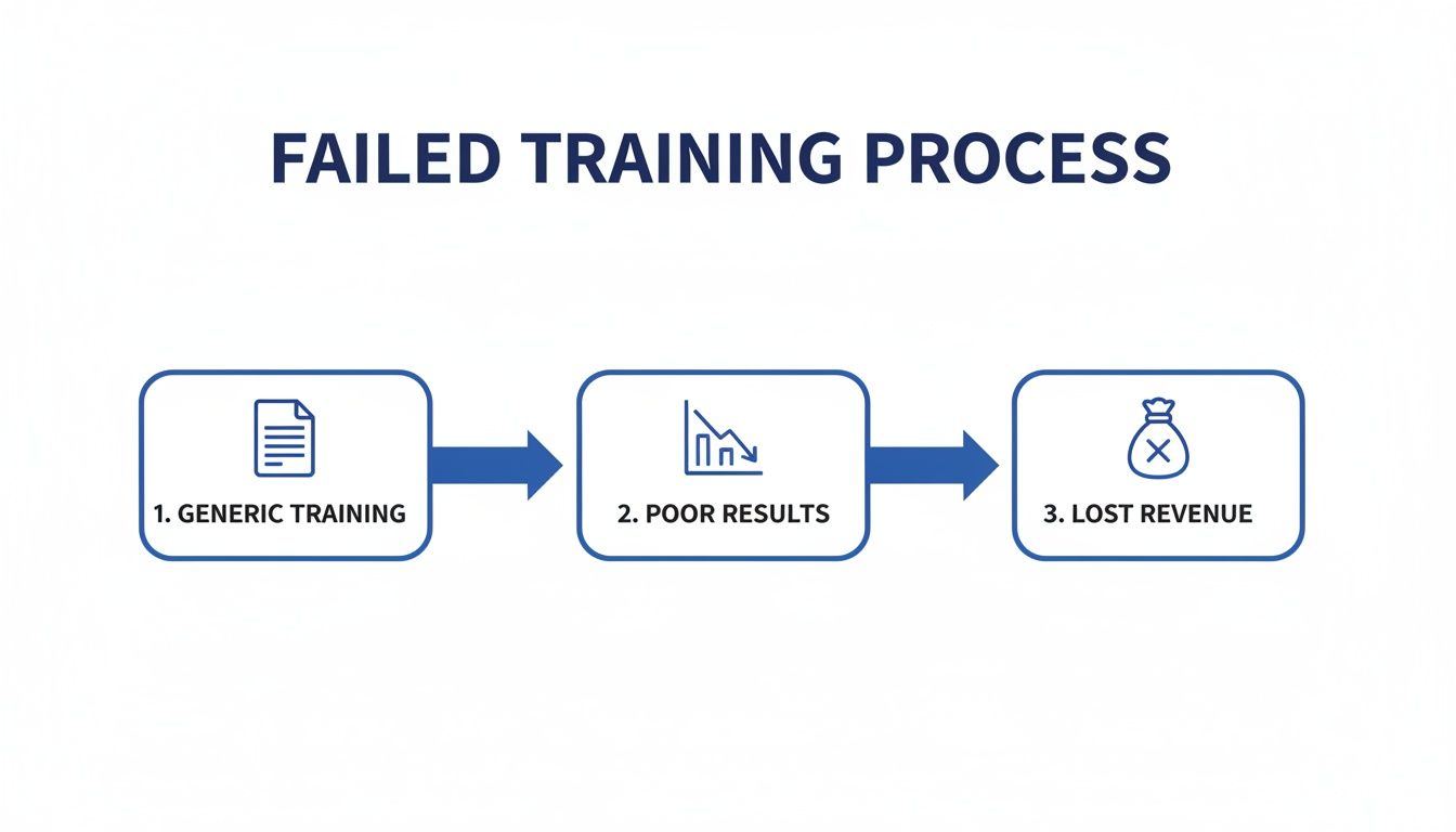 A flowchart illustrates a failed training process leading to poor results and lost revenue.
