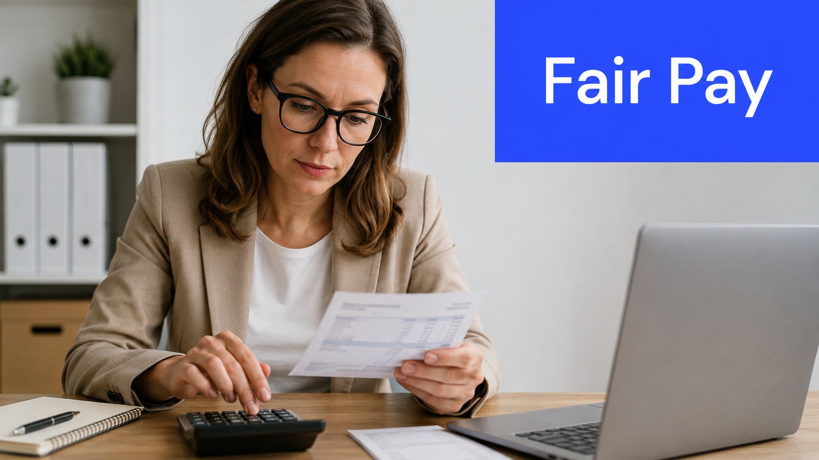 A woman in a professional blazer calculating her salary documents while working at her desk.