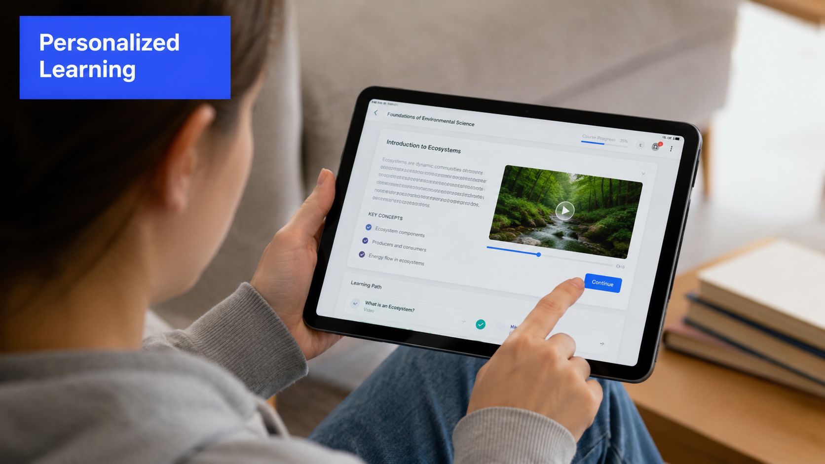 A student using a tablet for an online personalized learning course on environmental science ecosystems.